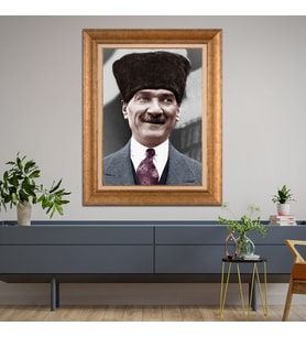 Altın Varaklı Çerçeveli Paspartulu Atatürk Tablo TR1097 (Gold)