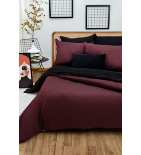 Çift Kişilik Nevresim Takımı-Kolay Ütü (Lastikli Çarşaf+Çift Yönlü Yorgan Kılıfı+Yastık Kılıfı) (Bordo-Siyah, 180x200)