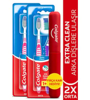 Colgate Extra Clean Dil Temizleyicili Arka Dişlere Uzanan Orta Diş Fırçası 1+1 x 2 Adet + Diş Fırçası Kabı Hediye