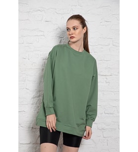 MyBen Unisex Uzun Kollu İki İplik Haki Oversize Sweatshirt İRF061