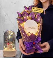 Kişiye Özel Aynalı Tasarım Led Işıklı Mor Kelebek Buketi (Led Işıklı Fanus Hediyeli) (Model 6)