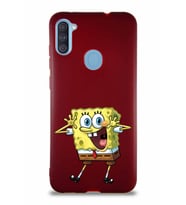 Samsung Galaxy A11 Soft Premier Kapak Sünger Bob Tasarımlı Silikon Kılıf - Mürdüm (Şeffaf)