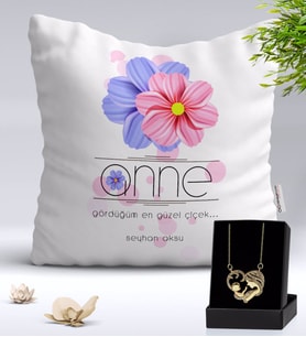 BK Gift Kişiye Özel Anne Temalı Yastık ve Zirkon Taşlı Anne-Bebek Kalp Kolye Hediye Seti