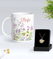 BK Gift Kişiye Özel İsimli Çiçek Tasarımlı Beyaz Kupa ve Papatya Kolye Hediye Seti - 12, Sevgiliye Hediye, Anneye Hediye, Arkadaşa Hediye