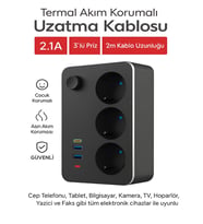 Çoklayıcı 3lü Priz 2 Usb 1 Typec 2 Metre Kablo Anahtarlı Termal Akım Korumalı Çoklu Priz Office