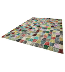 Kırmızı Salon Halısı Geometrik Patchwork Desenli El Dokuma Modern Tarz Yün Pamuk