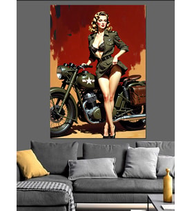 Klasik Siyah Motorlu Çekici Pin Up Kız Dekoratif Kanvas - Mdf Ahşap Tablo