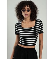Sifu Tekstil Kadın Çizğili Kare Yaka Kısa Kollu Spor Triko Crop Top Badi SFYZ1005 (Siyah)