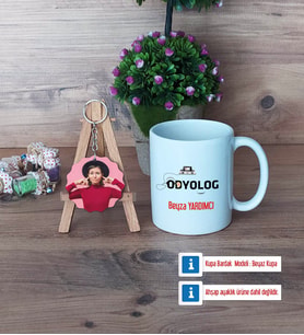 Odyolog Kupa Bardak Beyaz ve Fotoğraflı Ahşap Anahtarlık Hediye (Model 1)
