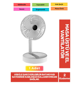 Sessiz 3 Kademeli Hafif Kablosuz 1200mAh Pervaneli Taşınabilir Usb Şarjlı Masa El Fanı Vantilatör