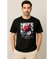 Erkek - Kadın %100 Pamuk Hope Gül Desenli Baskılı Yarım Kollu Bisiklet Yaka T-Shirt (Siyah)