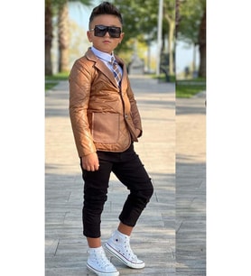 Erkek Çocuk Klasik Gömlek Kravatlı Kapitone Taba Mont Slim Pantolon Kesim Pantol