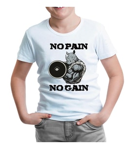 No Pain No Gain Hippo - Body Building Beyaz Çocuk Tshirt