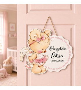 Gifties Tavşancık Tutan Minik Ayıcık Temalı Kişiye Özel Kapı Süsü
