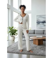 Mulvxbrf Brf02 Kadın Beyaz V Yaka Düğmeli Örme Kumaş Rahat Pijama Takımı (Mulvix)