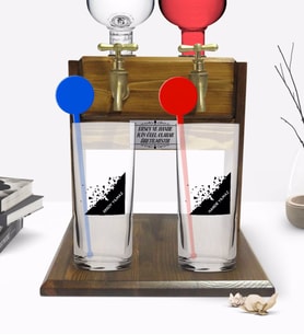 BK Gift Kişiye Özel Renkli Baskılı İsimli İkili Vodka Bardağı ve Çift Musluklu Doğal Ahşap Vodka Standı-27 (Model 1)