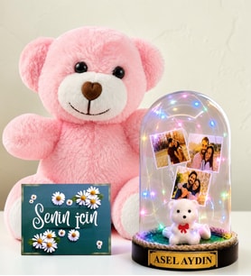 Kişiye Özel Yazılı 3 Fotoğraflı Renkli LED Işıklı Fanus(beyaz ayıcıklı) ve Pembe Peluş Ayıcık Kadına Hediye Sevgiliye Hediye