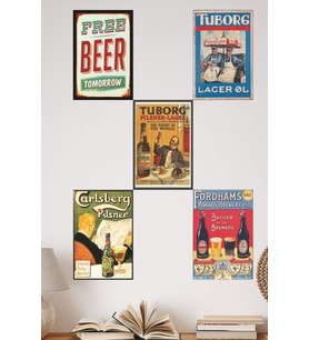 Retro Bira Afişli MDF Tablo , Poster Seti (5’li) , Vintage Bar Dekorasyonu,30x20 cm MDF Retro Dekor