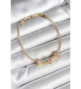 Pirinç Sıralı Pembe Kalp Figürlü Zirkon Taşlı Gold Renk Kadın Bileklik - TJ-BB6983