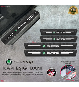 Skoda Superb  Logolu Karbon Kapı Eşiği Koruyucu Suni Deri 4'lü Set