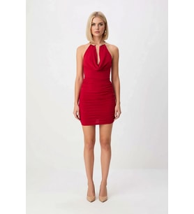 Kadın Kolsuz Degaje Yaka Bodycon Mini Elbise Ruching Detaylı Örme Kumaş Rahat Kesim Günlük Modern