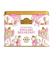 English Breakfast Caddy Pembe Çiçek Desenli English Garden Collection 40 Adet Poşet Meşhur İngiliz Çayı ve Kabartmalı Teneke Kutusu 80 g