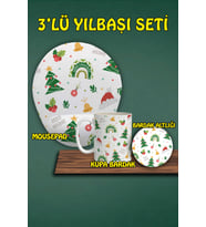Yılbaşı Temalı 3'lü Bilek Destekli Mousepad Kupa ve Bardak Altlığı Seti