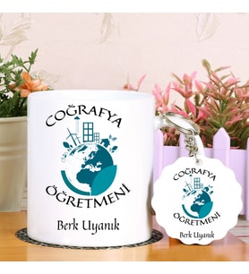 Coğrafya Öğretmeni Kupa Bardak ve Anahtarlık Hediye Seti (Model 1)