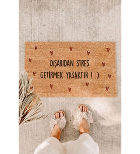 Dışardan Stres Getirmek Yasaktır Küçük Kırmızı Kalpler Kapı Önü Paspası Koko Paspas Kıl Paspas