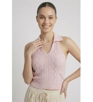 Kadın Polo Yaka Sırt Dekolteli Crop Bluz