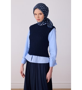 Etnik Desen Saf İpek Twill Eşarp  4308 (Lacivert)
