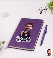 BK Gift Kişiye Özel Erkek Hakim Karikatürlü Mor Termo Deri Defter Kalem Seti Model 1