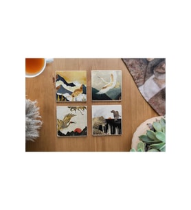 Atölye Doğa ve Hayvan Temalı Bardak Altlığı 4’lü Set Doğal Taş (10x10 cm)