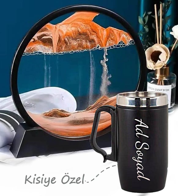 Kişiye Özel Paslanmaz Çelik Termos Bardak & Yuvarlak Kum Saati Ofis Hediyesi