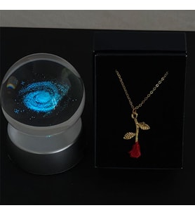 Samanyolu Model Cam Küre Işıklı & Gül Kolye Özel Kutulu Set