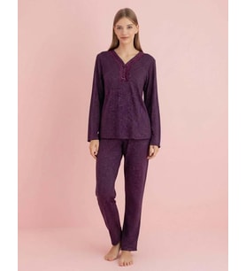 Pijamerry Kadın Bambu Baharlık Dantel Yaka Uzun Kol İnce Pijama Takımı 5207M - 1 Adet (Mor)