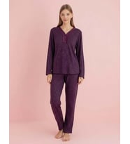 Pijamerry Kadın Bambu Baharlık Dantel Yaka Uzun Kol İnce Pijama Takımı 5207M - 1 Adet (Mor)