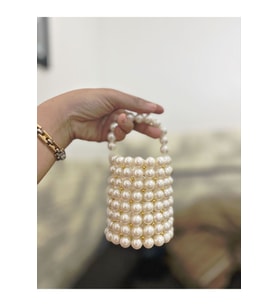 Mini Süs İnci Çanta Gold Boncuklu Silindir Model (Krem)