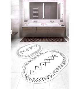 Dijital Baskılı Kaymaz Taban Yıkanabilir Oval 2'li Klozet Takımı Banyo Paspası NOKZ-HT-571 (Beyaz)