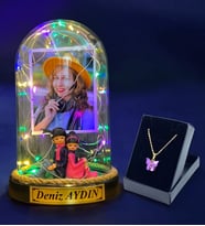 Sizlere Özel Renkli Led Işıklı Fanus ve Kelebek Kolye Hediye Seti (Model 7)
