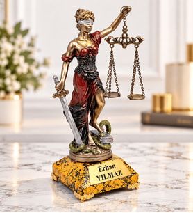 Kişiye Özel İsimli Adalet Heykeli Gold Mermer Desenli Kaideli Avukat Hakim Savcı Hediyesi