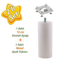 Destek Ayağı 15 cm Beyaz + Metal Düz Ayak Tabanı M8 Civata İnce Diş Mobilya Kanepe Baza Koltuk Ayakları Seti