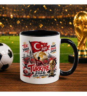 BK Gift Türkiye Taraftar Temalı Dünya Futbol Kupası Tasarımlı Siyah Kupa Bardak-8 Tek Yürek Milli Takım Ruhu