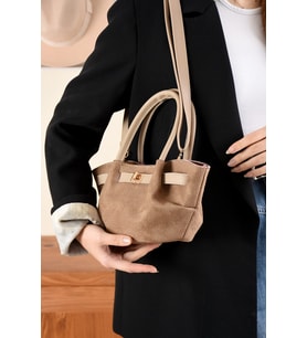 Yeni Sezon Kilit Detaylı Süet&Nubuk Uzun Askılı Trend Mini Çanta (14x27) (Krem)