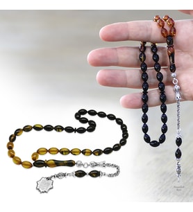 Ateş Kehribar Tesbih - Metal Püsküllü - Sarı Siyah - Nazar Ayeti Uçlu İsme Özel Yazılı - Arpa Kesim
