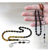 Ateş Kehribar Tesbih - Metal Püsküllü - Sarı Siyah - Nazar Ayeti Uçlu İsme Özel Yazılı - Arpa Kesim