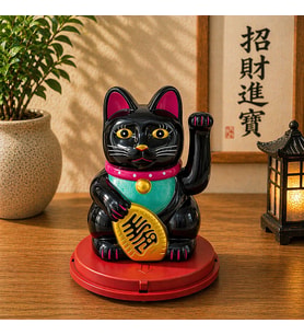 Solar Enerjili Şans Kedisi Maneki Neko Siyah Dekoratif Biblo Feng Shui