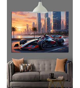 Formula 1 Arabası Ve Şehir Manzarası Dekoratif Kanvas - Mdf Ahşap Tablo