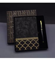 Gold Desen Siyah Deri Defter Kalem Set