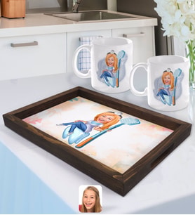 BK Gift Kişiye Özel Kadın Diş Hekimi Karikatürlü Doğal Ahşap Tepsi ve 2’li Kupa Bardak Seti-2